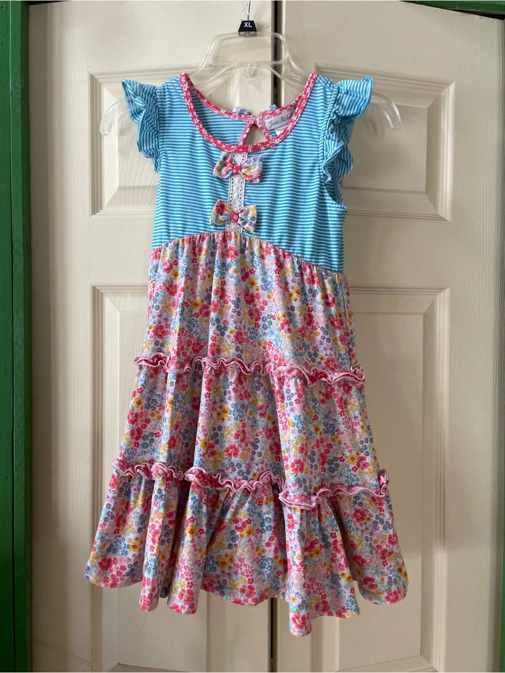 Girls Blue & Pink Floral Ruffle Tiered Dress